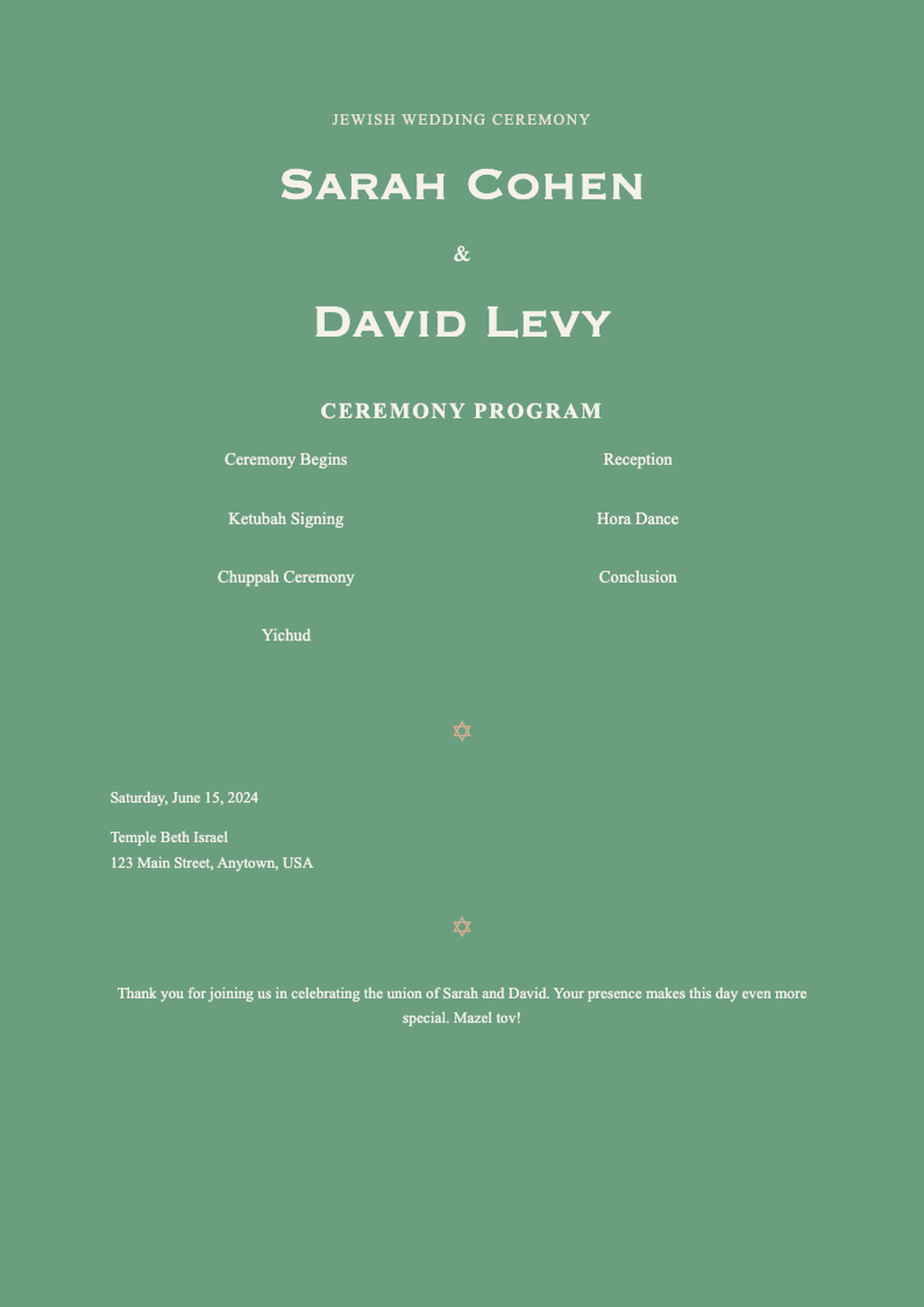 Elegant Jewish wedding ceremony program with floral border and green background_variant_2